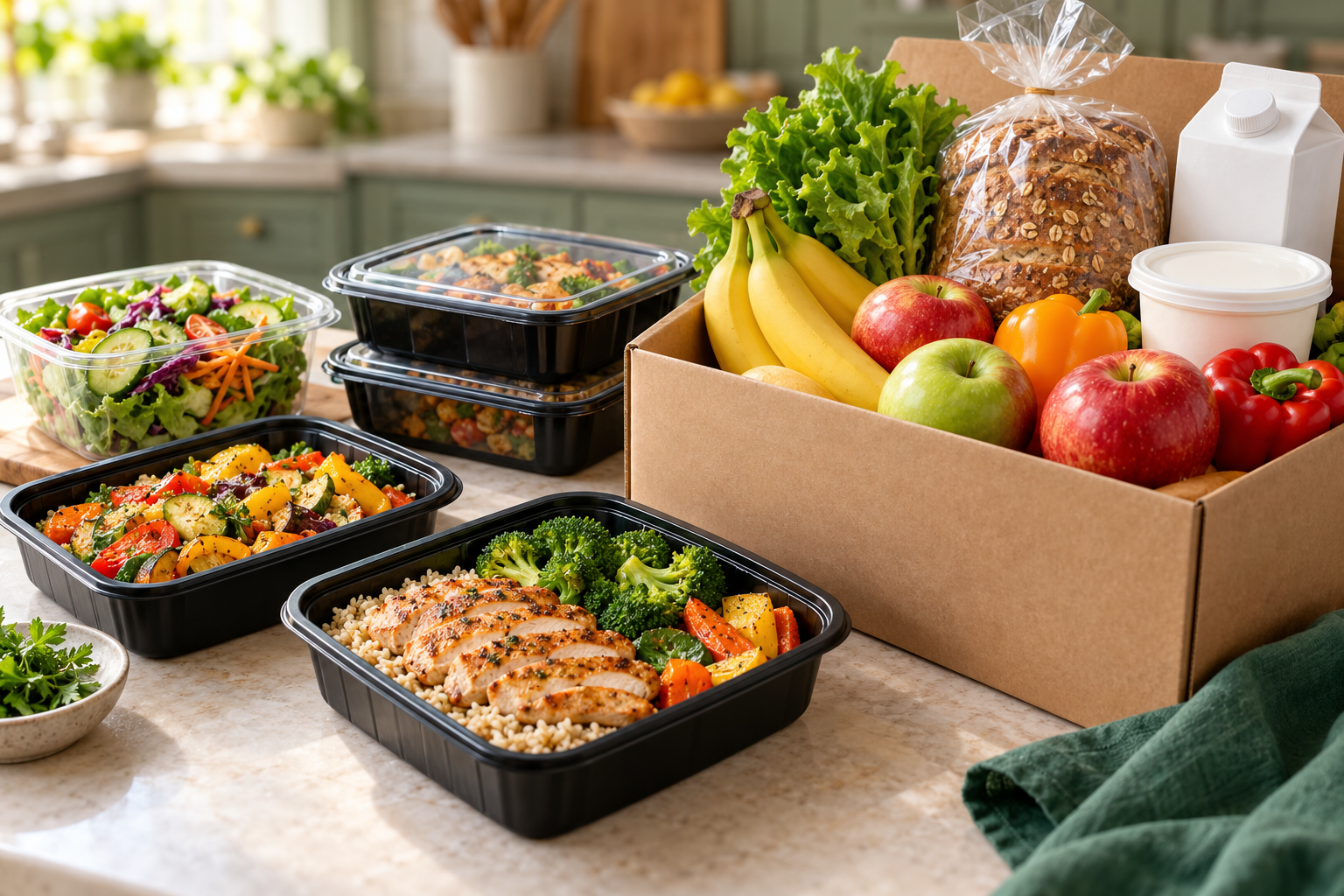 Illustration of appetizing prepared meals and a fresh grocery box